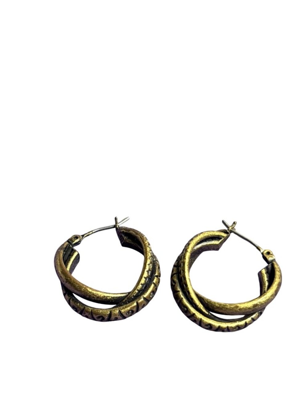 Antiqued Goldtone Twisted Hoop Earrings Textured Patterned 0.75 inch
